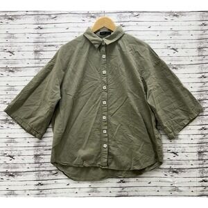 Shein Button Up Short Sleeve Top Women's Size Large Olive Green Loose Sleeve Fit
